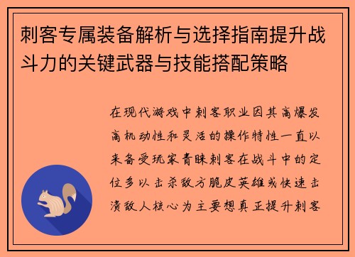 刺客专属装备解析与选择指南提升战斗力的关键武器与技能搭配策略